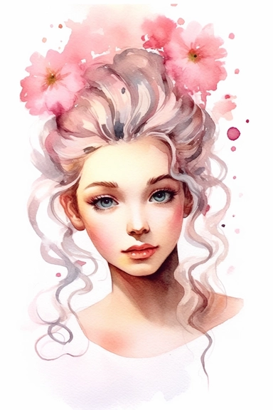 a cute cartoon pretty cute Girl with a high white and pink ligth colored bun and roses sparkling around her profile, long curly hair with mini flowers in head, portrait, daydreaming expression in watercolor form, sarah kay and holly hobbies, clipart, watercolor, smiling, on a white background, daydreaming expression in watercolor form