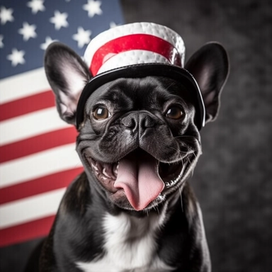 sticker, background american flag, black french bulldog, open mouth, in style Independence Day in usa, hat with an american flag, clipart