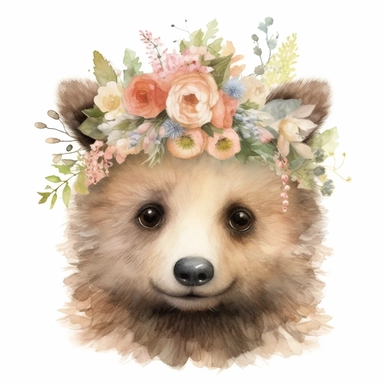 isolated clipart, cute bear with flowers on its head, highly realistic, flickr, watercolorist, uhd image, multi-layered mixed media