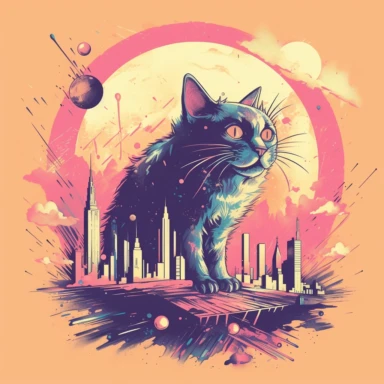 artwork for t shirt graphic of majestic vibrant color magnificent funny cat with laser beam destroying cities, in a pencil drawing style, A vibrant featuring a moon on a city, with soft pink sky and a hint of orange in the horizon, white background, colorful shades, Centered, highly detailed clean, vector image, photorealistic, masterpiece, professional photography, realistic, flat white background, isometric, vibrant vector, clipart, illustration, realism, 4k, surrealism, cinematic, front view,