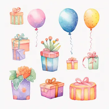 Create a set of watercolor clipart birthday motifs with a delightful and childlike essence. Use the medium of watercolor to infuse the images with vibrant colors and gentle textures. Draw inspiration from classic children's book illustrations, reminiscent of artists like Quentin Blake and Beatrix Potter. Depict cheerful birthday elements such as balloons, party hats, cakes, and presents, with a whimsical and playful touch.
