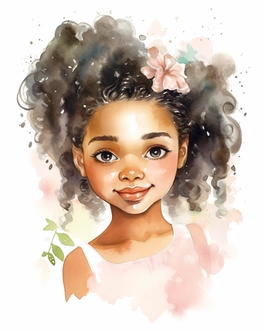 a little black girl portrait in watercolor Disney style clipart on white background, hugh eyes, sarah kay, holly hobbies, valentines day