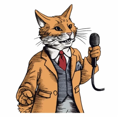 Carl Anderson style clip art colored line drawing of a cat reporting the news while holding a microphone