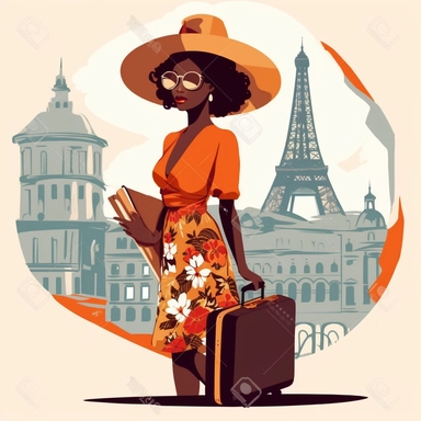 clipart of african american woman traveling through europe. white background