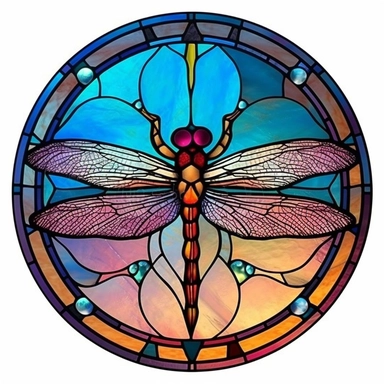 Vintage Cute Beautiful Colorful Round Faux Stained Glass Dragonfly Sublimation Clipart,Cartoon,hyper realistic, intricate detail, illustration style,high solution,on the white background