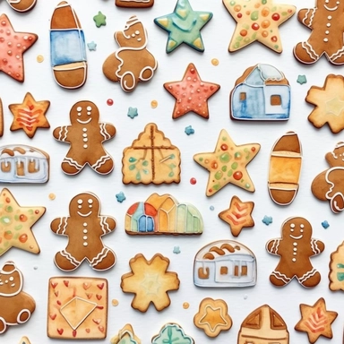 christmas theme clip art, white background, vibrant colours, watercolour, gingerbread cookies