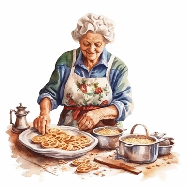 highly detailed and realistic watercolor country rustic vintage italian grandmother cooking pasta in the kitchen, clipart, white background