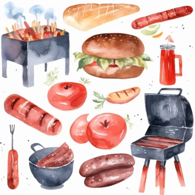 BBQ Watercolor Clipart. Summer Picnic Clipart. Meat illustration. Watercolor Barbecue clipart, Cooking, Burger, hotdog, steak, sausage Food clipart PNG