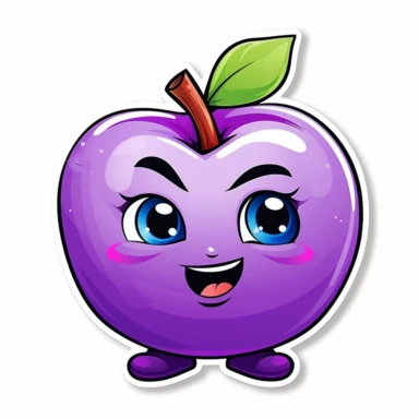 digital sticker, cute lilac color apple mascot character, strong use of color, cartoon clipart, vector, white background