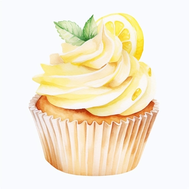 watercolor lemon cupcake clipart with pastel-colored icing, lemon zest accents, and delicate lemon decorations. The soft and soothing pastel palette adds a touch of elegance to the design, making it perfect for adding a sweet and refreshing vibe to your projects