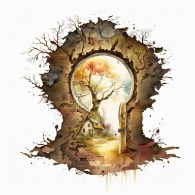 looking through a keyhole to a fantasy scene. artwork medium is watercolor clipart.