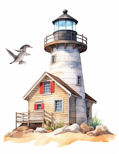 Isolated white background, Watercolor Coastal Decor Clipart Summer Seascape Nautical Beach interior Lighthouse clip art Summer Wooden Sea Decor Fishing net
