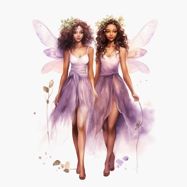 twin cute stunning brown skin fairy girls clipart watercolor purple dress [turnabout] front view, looking at camera cw, 8k, hd v5 line drawing full body length fairyland forest