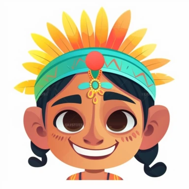 fantasy happy cute indian face, cartoon, clipart, mascot, isolated on white background