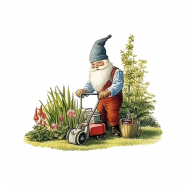 A Garden gnome, equipped with a miniature lawnmower and gardening tools, meticulously trims hedges and maintains a well-groomed garden. The golden sunlight bathes the scene, enhancing the vibrant greenery and creating a tranquil setting. This clipart-style design features sharp lines and a dreamlike quality. Sunshine, white background, style of Pierre-Joseph Redoute, as clipart, single design, sharp lines, dreamy.
