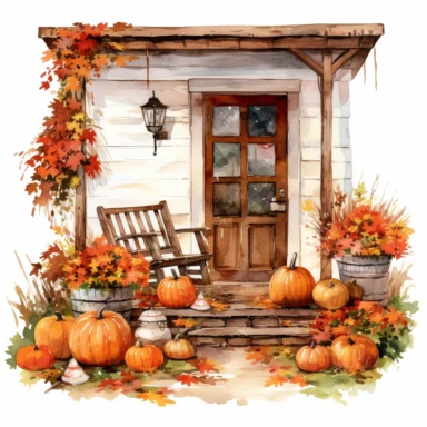 vector watercolor cute Fall Autumn vintage Autumn porch with fall autumn flowers and pumpkin decor clipart on white background, fall, vintage holiday autumn porch, photorealistic, ultrarealistic, no background, on white