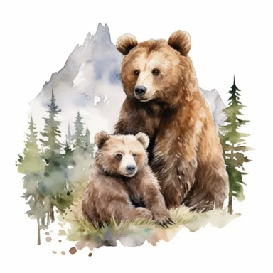 Watercolor cute brown mama bear sitting with cute brown baby bear, beautiful details, ultra detailed, ultra photo real intricate detailed, high definition, graphic clipart, hyper realistic, detailed, mountains and trees in background