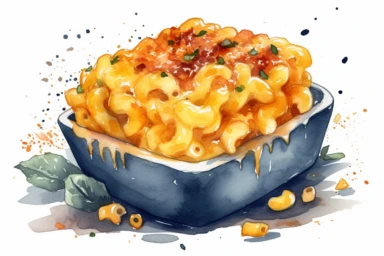 watercolor baked mac and cheese clipart, hd, on white background, spaced out