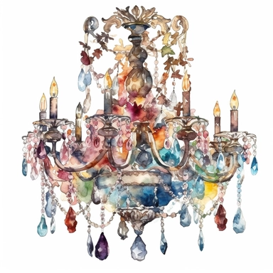 Make a clipart of a watercolor victorian chandelier, rococo, with bright jewel colors, gold accents, hd, white background