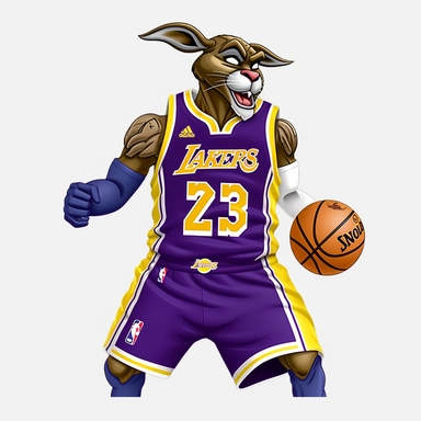 Original LA lakers, Lebron as funny animals playing basketball. Comic Design 3d clipart with black contours. White background