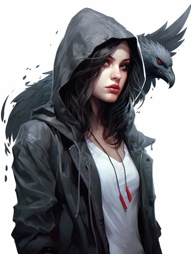 clothing brand logo, Gothic, dragon, Templar, cyberpunk, hooded girl, crow on shoulder, high contrast, white background clipart, clipart png, realistic, digital painting, WHITE BACKGROUND, fantasy style, realistic, painting, watercolor, 8k, ultra details,
