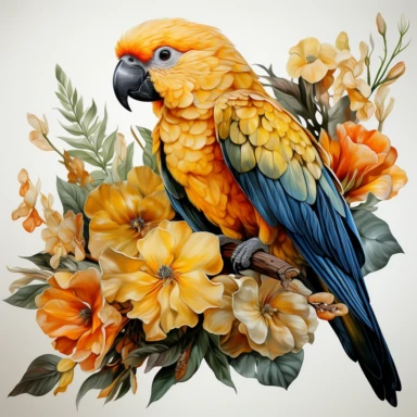 hyperrealistic ultra detailed watercolor clipart, yellow parrot with jungle flowers, white background, in the style of digital print, clipart, illustration, sticker, ultra high definition, rich details, 32K, HD