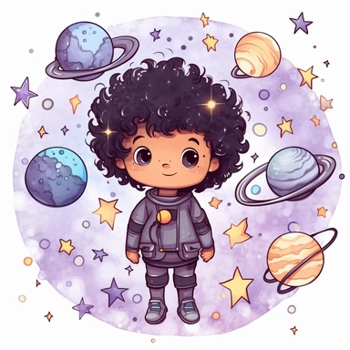 clipart, white background,, kawaii, happy, in black curly hair brown boy in space with Violet and blue, stars, planets, and the sun
