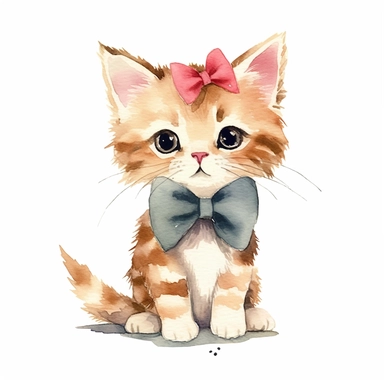 cute kitty cat, cat with pink bow, style watercolor, clipart, white background
