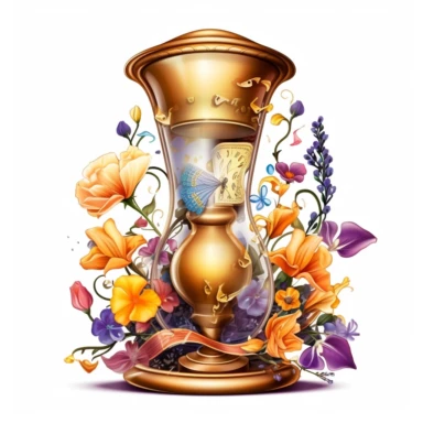 Clipart, A charming hourglass nestled amidst flowers, isolated on a white background with a wide margin