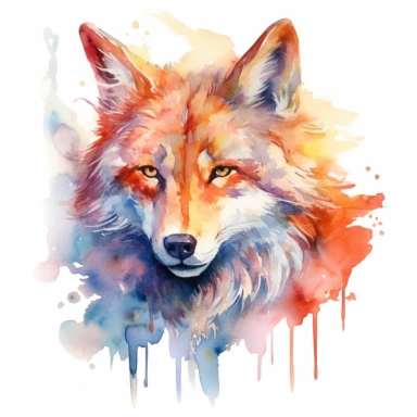 A wolf's head or a full-body image, symbolizing strength, courage, and leadership, fire, watercolor art, clipart