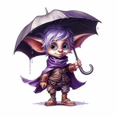 Cute Adorable magical little Elf with big pointed ears holds a umbrella in his hand wears a raincape and stand in the rain on a country road, clipart, photorealistic illustration, watercolor, high detail, 8k polished, 8k, vibrant colors, sticker, majestic, die cut, black and purple color, white background
