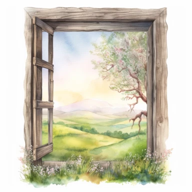 old wooden window frame clipart, through which you can see the spring hilly landscape , watercolor, white background