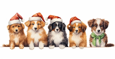 Adorable happy golden collie puppies in a line, dressed in cute christmas outfits, playful, vivid colors, white background, ornamental watercolor clipart, I can't believe how beautiful this is