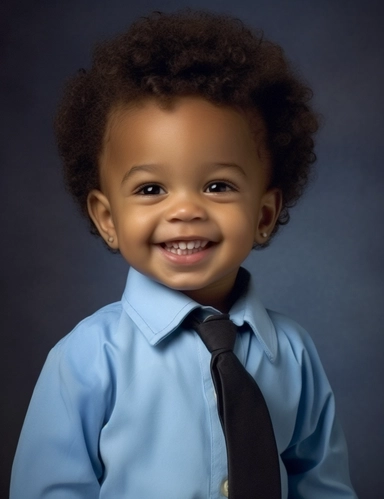 Hasselblad 24 mm three quarters shot of a gorgeous african american baby boy very well dressed with Blue Eyes, clipart, Composition: Relaxed position with intricate high hairstyle, smiling, Style: Pirate, white background, hyperrealism, 32k