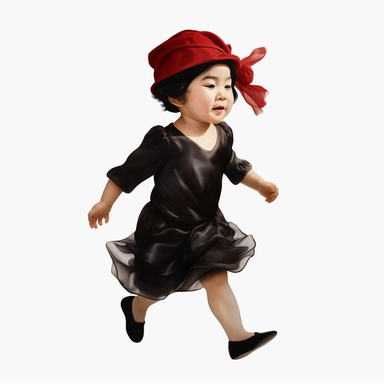 Singer Yoko Ono as a 2 year old toddler, wearing a classic black satin chanel dress, red shoes, red velvet bowler hat, gold silk scarf, dancing, irradiant facial expression, plain white background, clipart