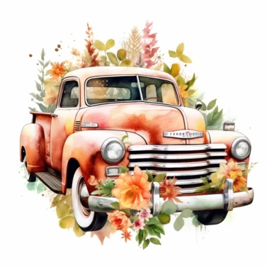 old vintage pickup car is standing on flowers, full flowers on the back, watercolor style, Sublimation Clipart,hyper realistic, intricate detail, illustration style,high solution,on the white background