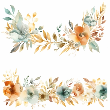 horizontal boho floral border watercolor png clipart, earth tones on a white background