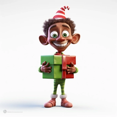 clipart of a crazy dark skinned christmas elf standing on a christmas present, there is a funny face on it, cartoon, for kids, funny, pixar, 8k, white background, sharp focus, detailed,