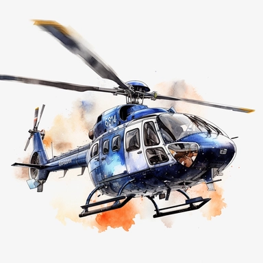 watercolor modern police helicopter, very detailed, clipart, modern style, white background, 8k