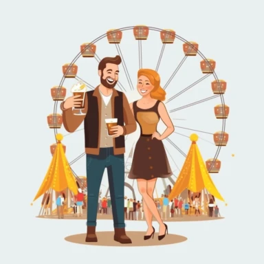 German man in lederhosen and woman in dirndl toast with one mug of beer at the oktoberfest with the ferris wheel in the background, clipart, white background