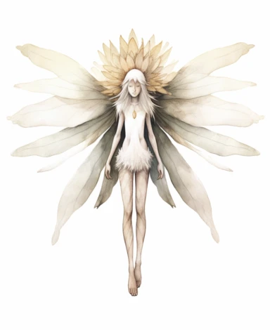 watercolour illustration for clipart, isolated full length australian flannel flower pixie, large eyes, long wings, muted earthy tones, botanical, white background, nothing in the background