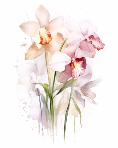watercolor sketch of an orchid and white flower composition, Carnation pink and champagne pink, clipart, clean and simple design, realistic color scheme, high-contrast image, white background, long exposure style,