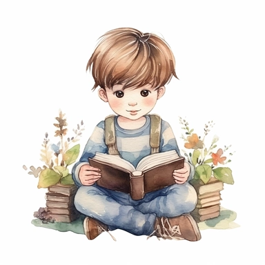 Cute little boy reading a book, folk art, watercolor, clipart elements, kawaii, white background