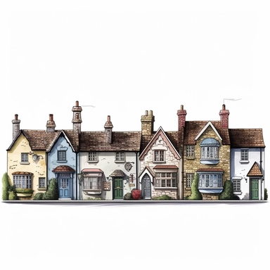 a row of quirky english countryside houses,clipart on white background