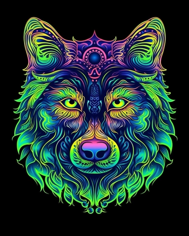 a clipart style Wolf Head made up of mystical shapes and swirls. Vivid colors. Bioluminescent light. Psychedelic style. with empty border.