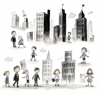 children cliparts for wall street building, in the style of minimalist black and white drawings, stephen hillenburg, spontaneous mark-making, kathryn morris trotter, dark white and gray, clean and simple designs, sketchy