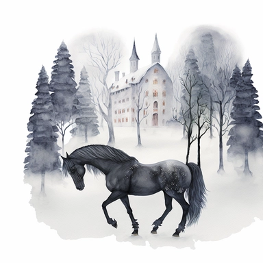 dark academia, horses, snow, fairytale, Christmas, swedish folk art, watercolor, white background, clipart