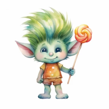 a watercolor, cute troll, hair standing up, green hair, little nose, precious moments, adorable, holding lollipop, summer, clip art, contrasting colors, white background.