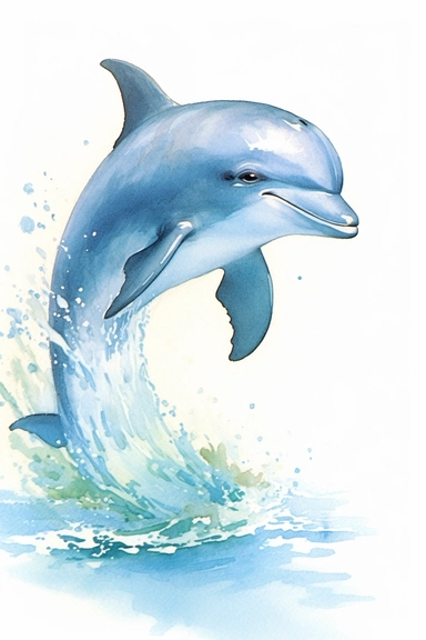 Clip art of dolphin, simple, White margins around the image, drawn by Helen Beatrix Potter, easy to crop image, white background