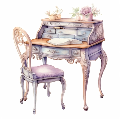 Pastel watercolor Victorian Vintage Writing Desk Delicate cabriole legs a smooth satin finish and intricate floral motifs carved into the wood complemented by pastel-hued drawers and a charming vintage chair clipart isolated on white background, Pale lavender and dusty blue with accents of light gray pastel color palette, in brush style of Willem Haenraets, clean edges around image, in the style of pastel watercolor illustrations, feminine sensibilities, detailed illustrations, heavy shading, de
